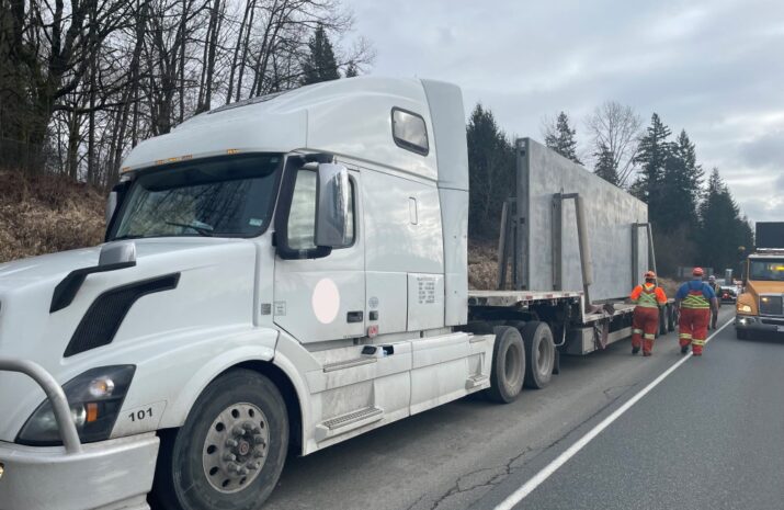 Picture of truck that struck overpass on Highway 1 near Glover Road, Langley.