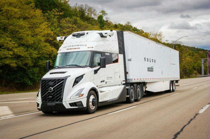 Waabi and Volvo-branded truck on a highway