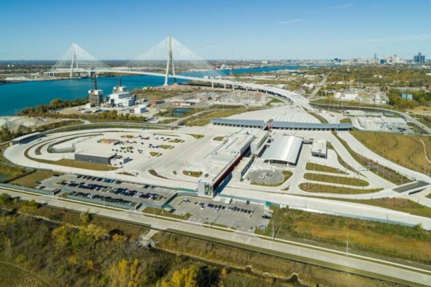 Drone shot of Canandian point of Entry Gordie Howe International Bridge
