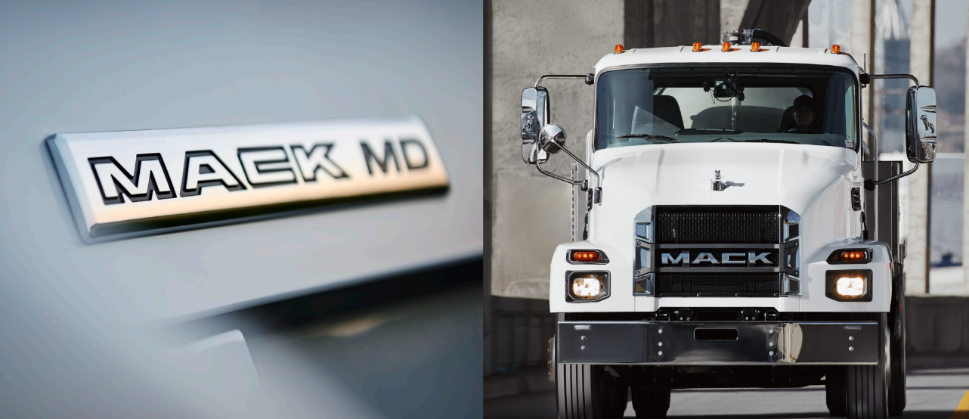 Picture of a Mack MD badge and a truck